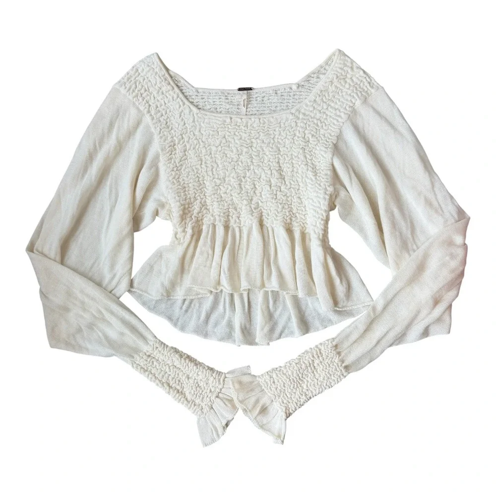 Free People Women's Free Spirit Smocked Cream Peplum Top‎ XS Boho Ethereal Fairy